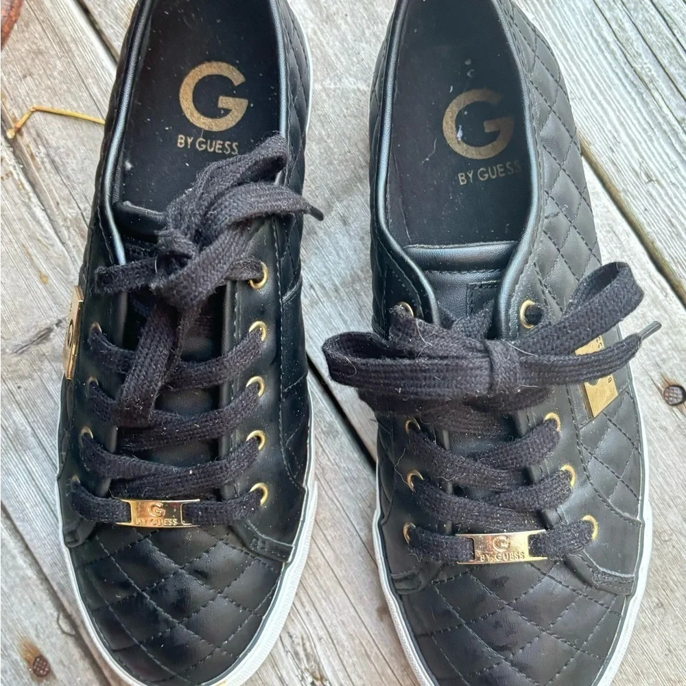 G By Guess Leather Quilted Black Sneakers Gold Embellished